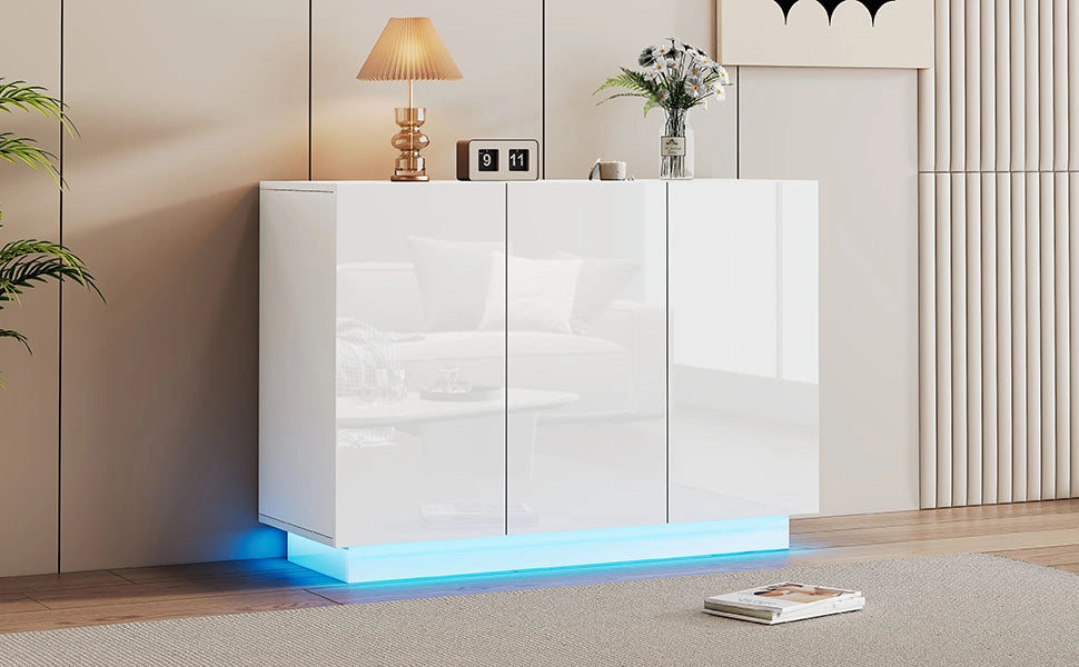 Credenza bianca lucida mobile con luci led bluetooth madia moderna 120 cm 3 ante