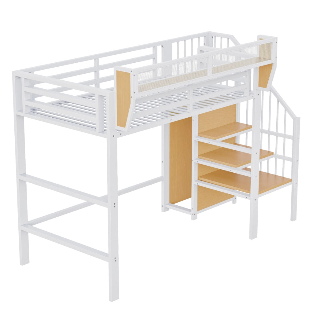 Letto a soppalco 90x200 cm in metallo e MDF con scala di sicurezza; bianco