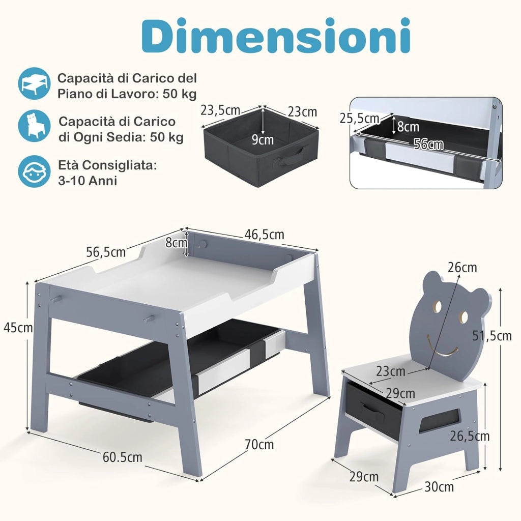 Set Tavolo e 2 Sedie per Bambini, 5 in 1 Tavolino e Sedie con 4 Ganci, 3 Scatole in Tessuto e Lavagna Reversibile per Bambini 3+ Anni per Cameretta Ragazzi (Grigio, Stile 4)