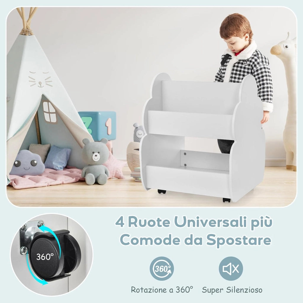 Libreria Montessoriana Doppio Lato per Bambini con Ruote, Scaffale Portaoggetti Multifunzione a 2 Livelli con Angoli Arrotondati, Libreria Bassa per Cameretta e Asilo, 52x47x63,5 cm, Bianco