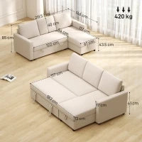 Divano angolare convertibile con chaise longue, vano portaoggetti e 3 cuscini per schienale, 211.5x146x85cm, crema