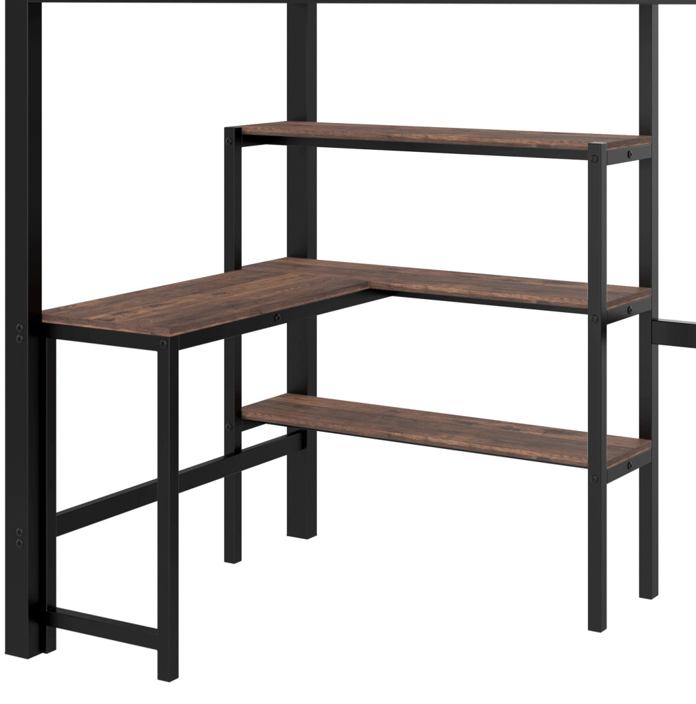 Letto a soppalco 90 x 200 cm con scrivania, scaffali e armadio, nero e marrone