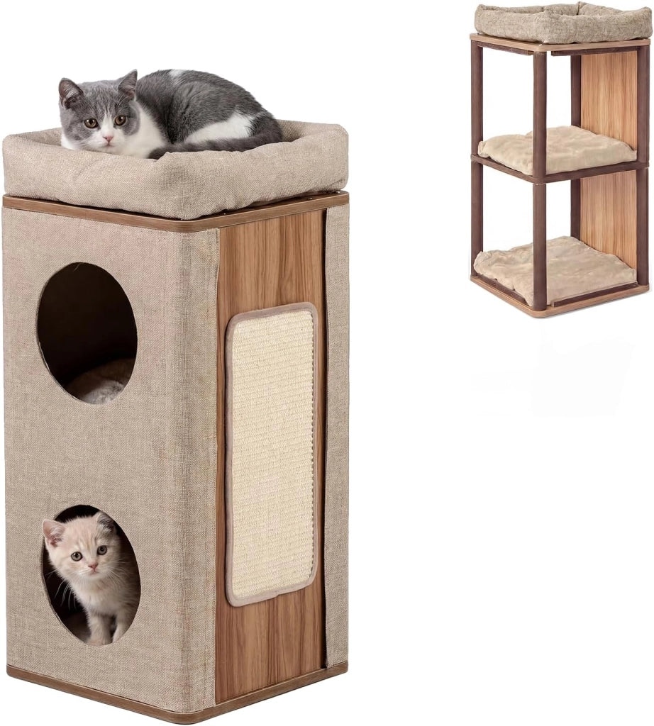 Tiragraffi per Gatti a Torre 77,5 cm, 3 Piani con 2 Grotte, Cuccia Albero per Gatti con Piastra Tiragraffi, Copertura Rimovibile e Cuscino, Tubo Stabile Ø38, Beige e Naturale