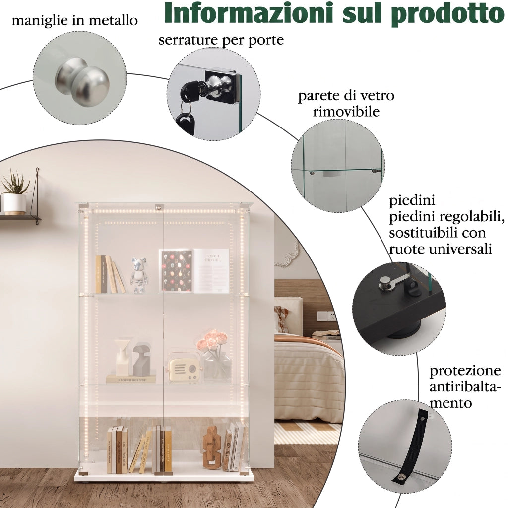 Vetrina espositiva in vetro temperato bianca con luci LED e serratura, 78,5x35x123,5cm, doppie ante per figurine e collezioni
