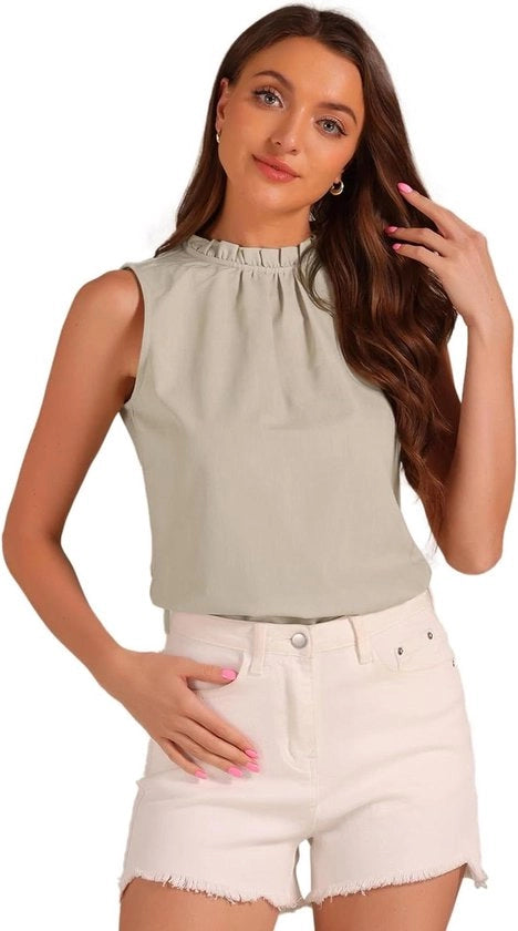 Camicia donna senza maniche con colletto in rilievo e ruches - Top elegante a tinta unita in Kaki - Taglia L