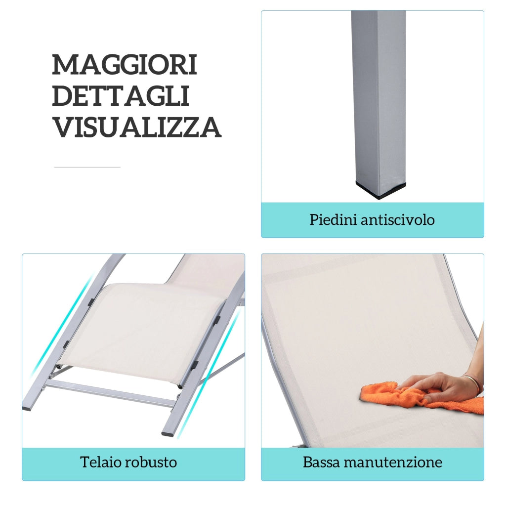 Set di 2 Lettini Prendisole 59x169x66 cm e Tavolino con Piano in Vetro Crema