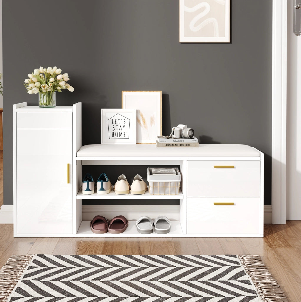 Scarpiera salvaspazio 128x30x68 cm con 2 cassetti; 1 anta e seduta imbottita; bianco lucido