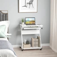 Tavolo Porta PC Classico e Salvaspazio, Piano Tastiera a Scomparsa, 4 Ruote e Ripiano Inferiore Bianco 60x48x73cm