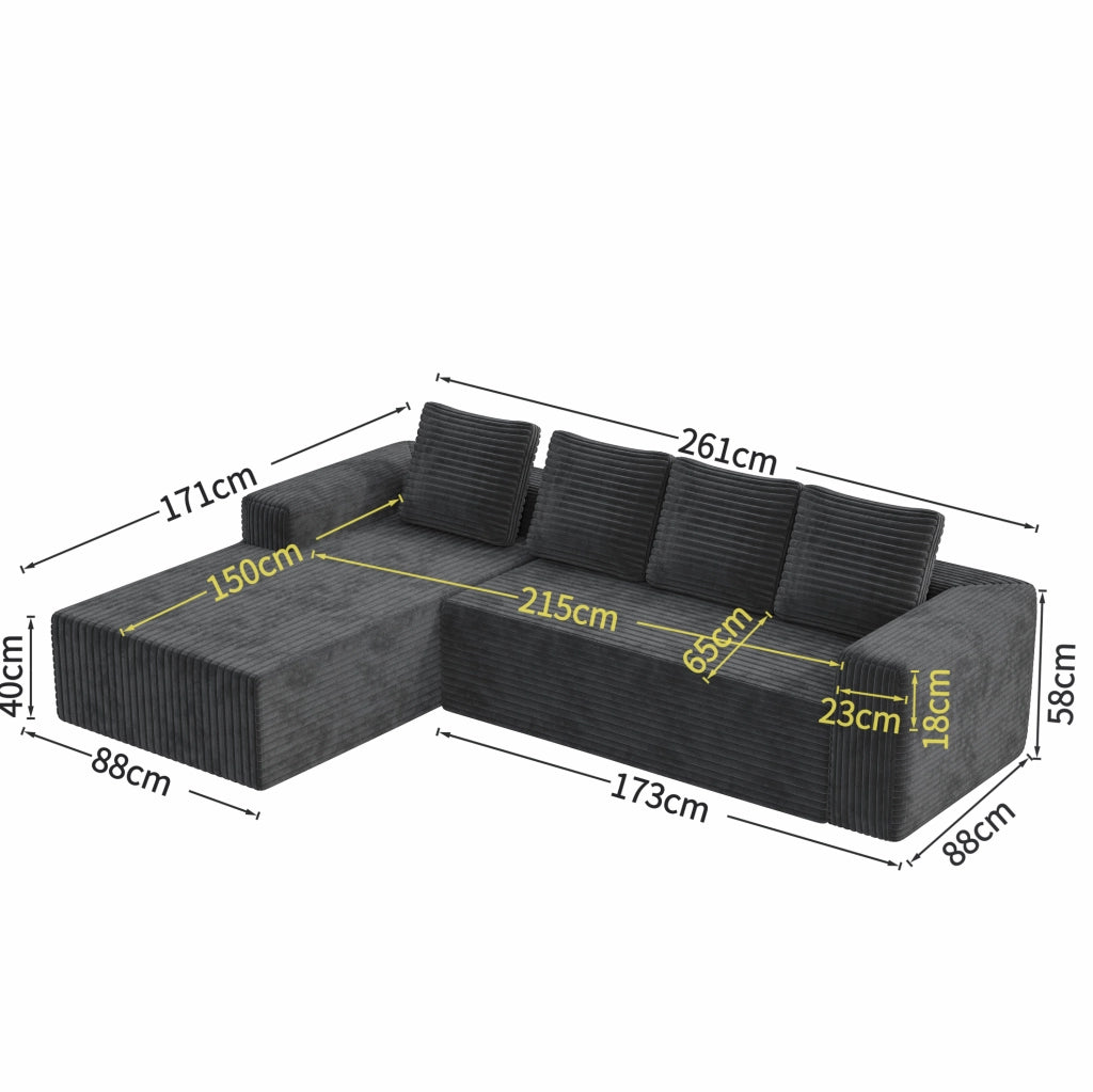 Divano modulare a L con chaise longue reversibile; 2 moduli; velluto a coste grigio