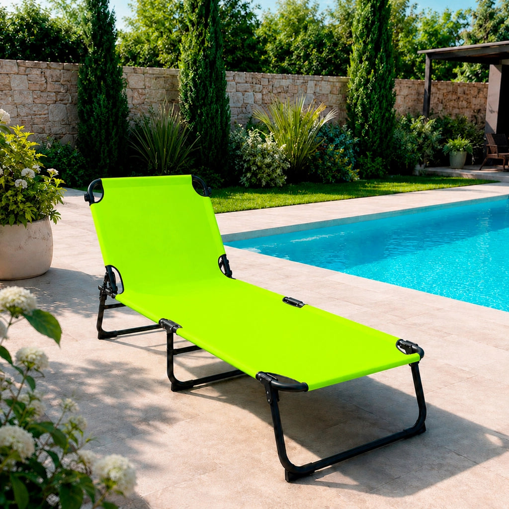 Set 2 Lettini Mare Pieghevoli Senza Tettuccio Sdraio Con Schienale Regolabile Telaio Acciaio Telo Traspirante 24 x 187 x 53 Cm Verde Fluo