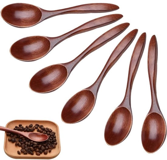 Set di cucchiai in legno naturale, 6 cucchiai in legno per miele, set di cucchiai in legno, mescolare, rovesciare, cucinare, cucchiaio in legno per cioccolata calda, miele, caffè, tè, accessori da cucina (marrone)