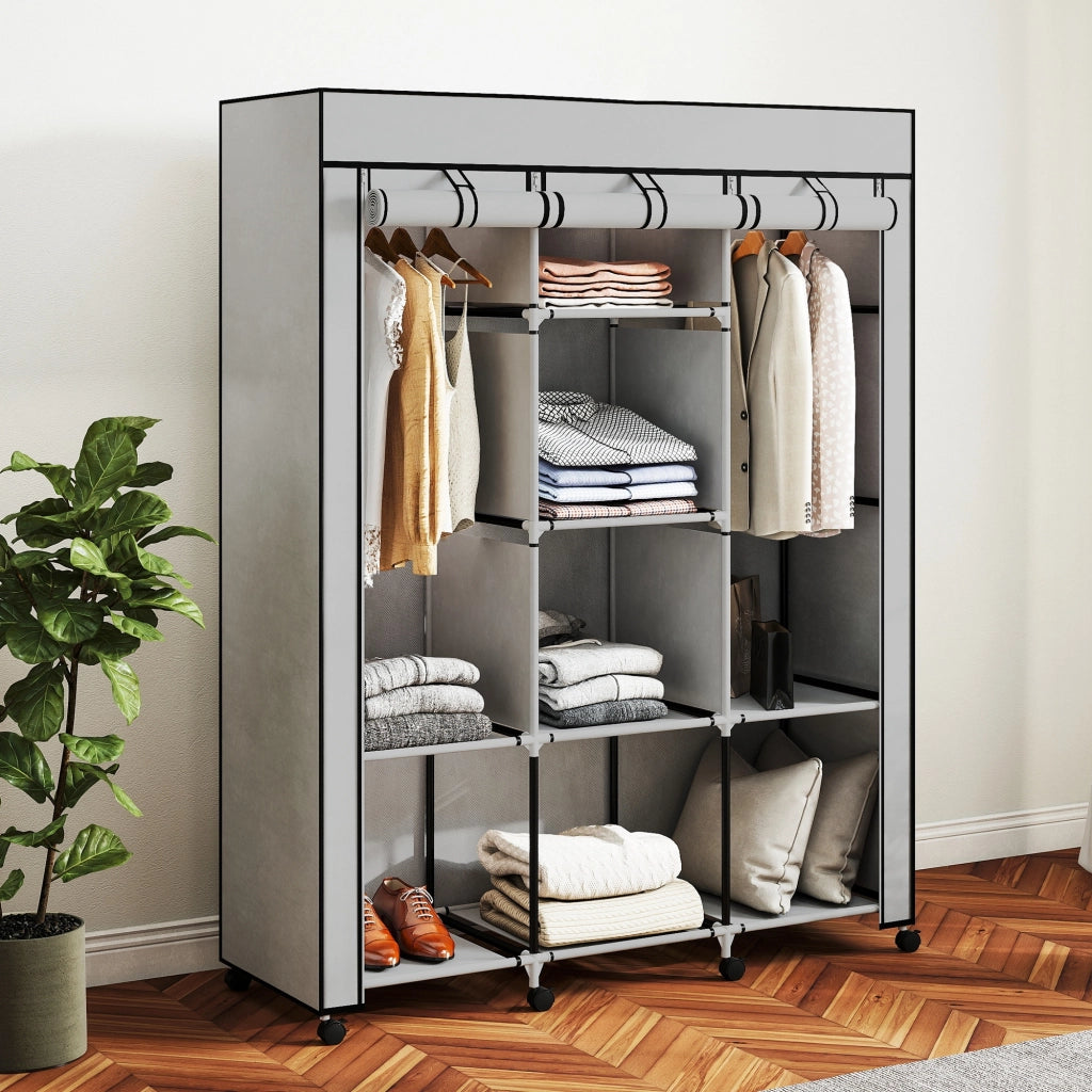 Armadio con ante in tessuto ¨C zephmum ¨C grigio, 8 ripiani, 2 appendiabiti