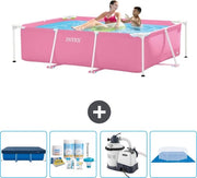 Piscina Rettilinea a Struttura - 220 x 150 x 60 cm - Rosa - Inclusa Copertura - Kit di Manutenzione - Pompafiltro per Piscina - Copertura del Fondo