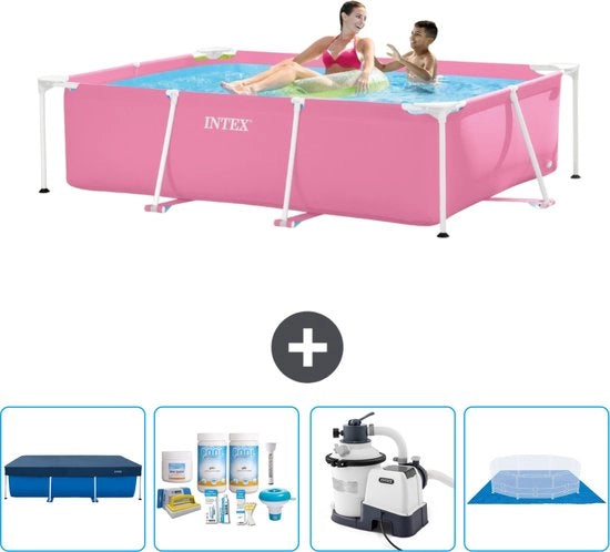 Piscina Rettilinea a Struttura - 220 x 150 x 60 cm - Rosa - Inclusa Copertura - Kit di Manutenzione - Pompafiltro per Piscina - Copertura del Fondo