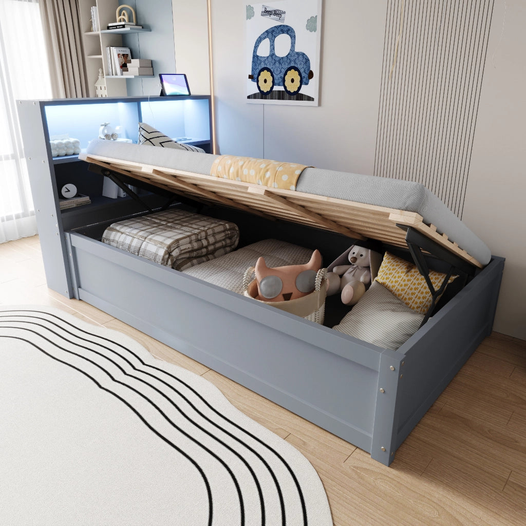 Letto matrimoniale con funzione divano e stoccaggio legno grigio 90x200 cm