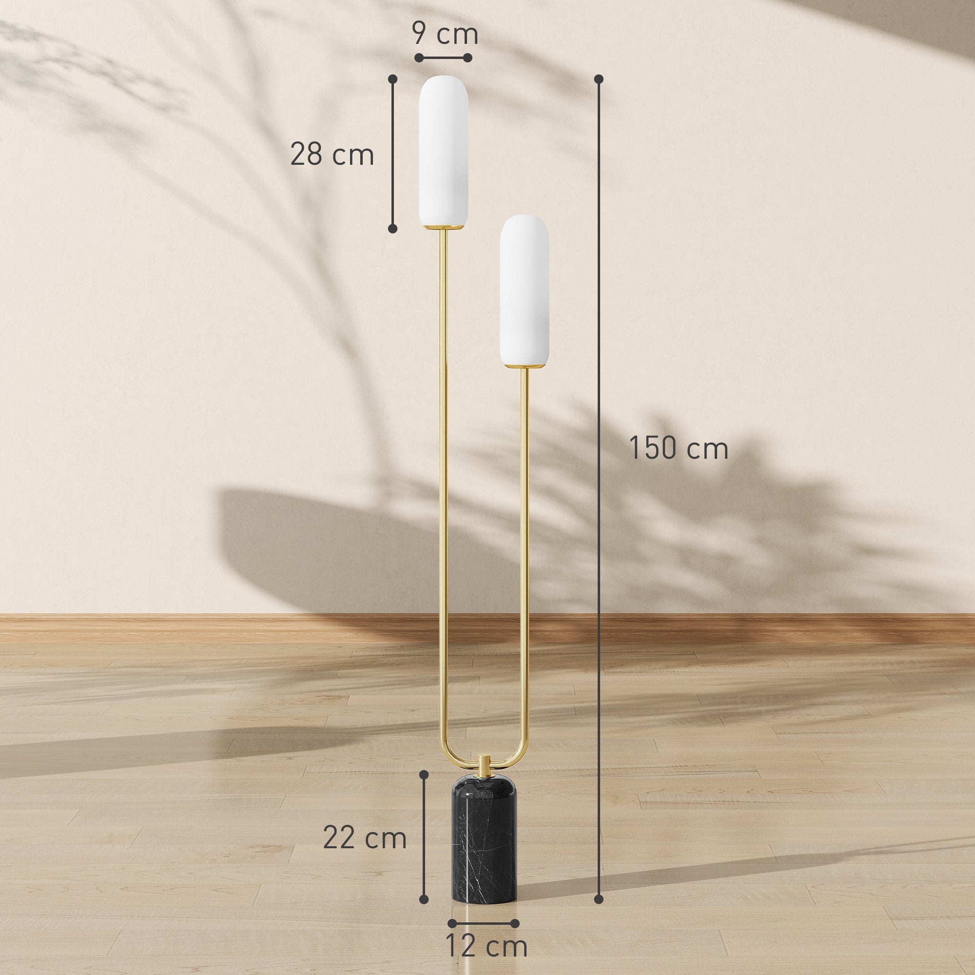 Lampada da Terra a U con 2 Luci 26x12x150 cm Interruttore a Pedale e Base in Marmo Bianco Nero e Oro
