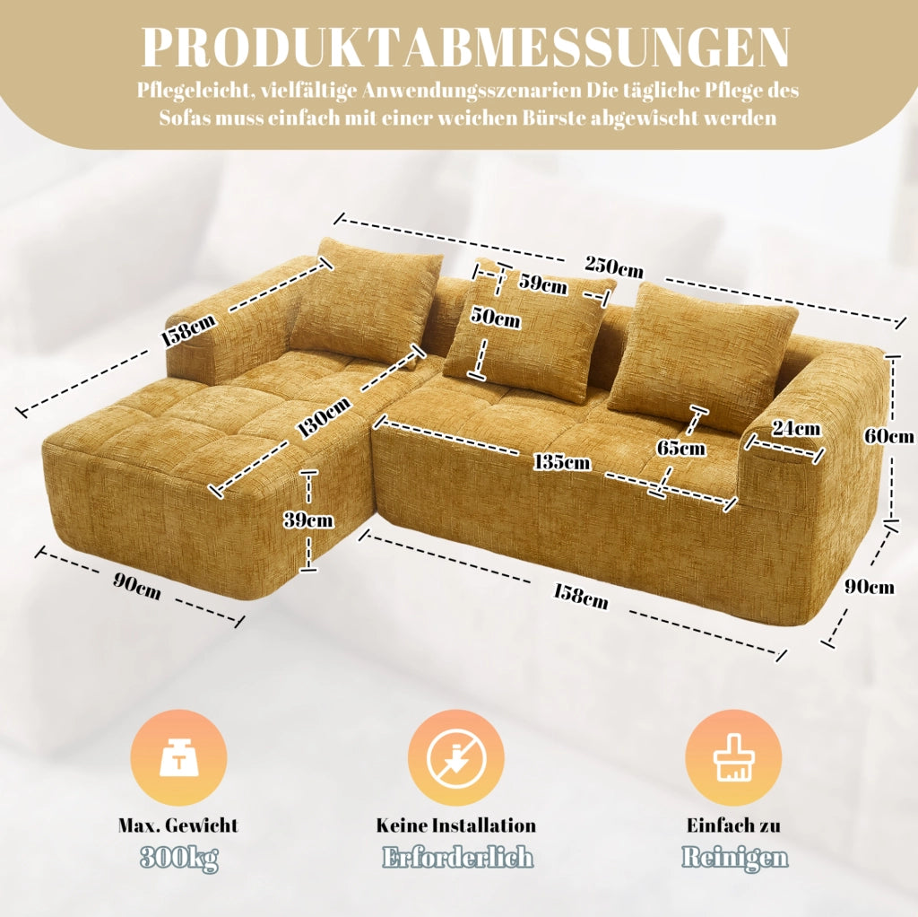Sofa angolare 250x158x60 cm modulare con tasca laterale in chenille gialla