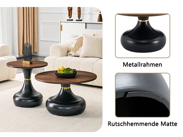 Tavolini bassi impilabili con 2 piani rotondi, base in metallo, stile moderno, per soggiorno, effetto noce nero