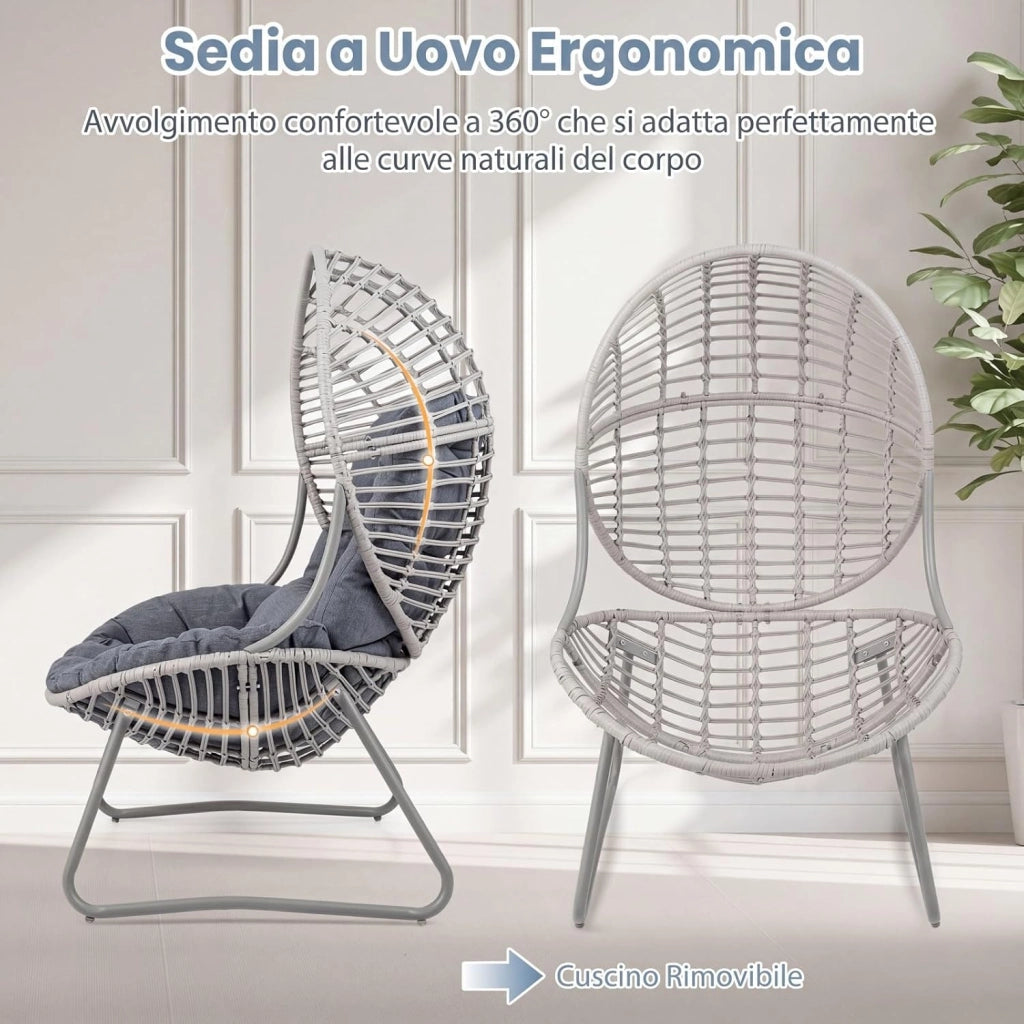 Poltrona da Giardino in PE Rattan, Sedia Relax a Nido con Cuscino Imbottito, Sedile Ampio e Telaio in Metallo, Poltrona per Lettura, Lounge e Riposo, per Esterno e Interno, Max 150 kg, Grigio