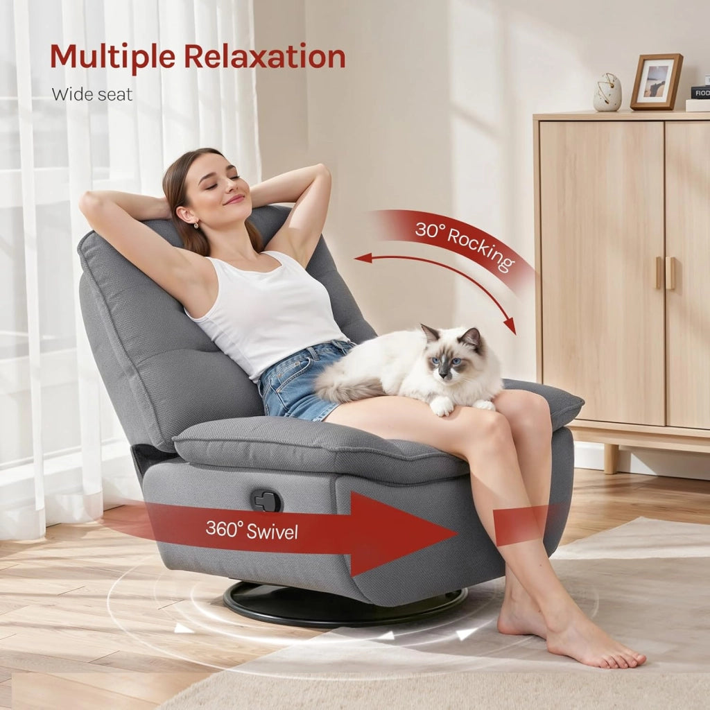 Poltrona Relax Reclinabile Manuale, Girevole e Dondolante, Poltrona con Poggiapiedi Pieghevole e Scomparto Laterale, Tessuto Effetto Lino, per Soggiorno, Grigio Scuro