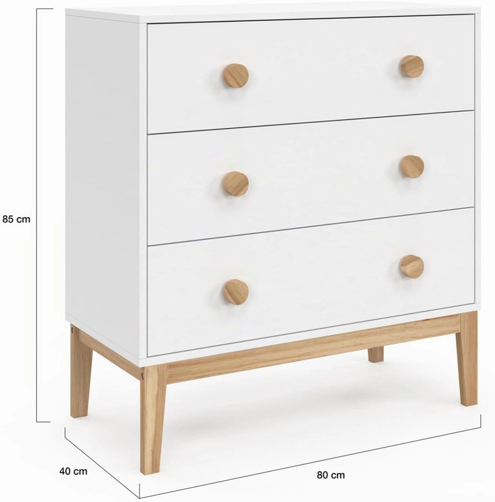 Cassettiera a 3 cassetti per bambini JACOB 80 cm in bianco e legno