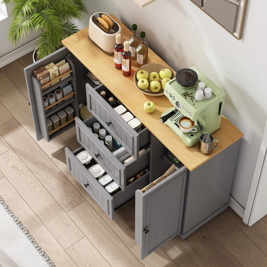 Credenza con 3 cassetti e 2 ante; ripiani regolabili - per cucina - in MDF - grigio