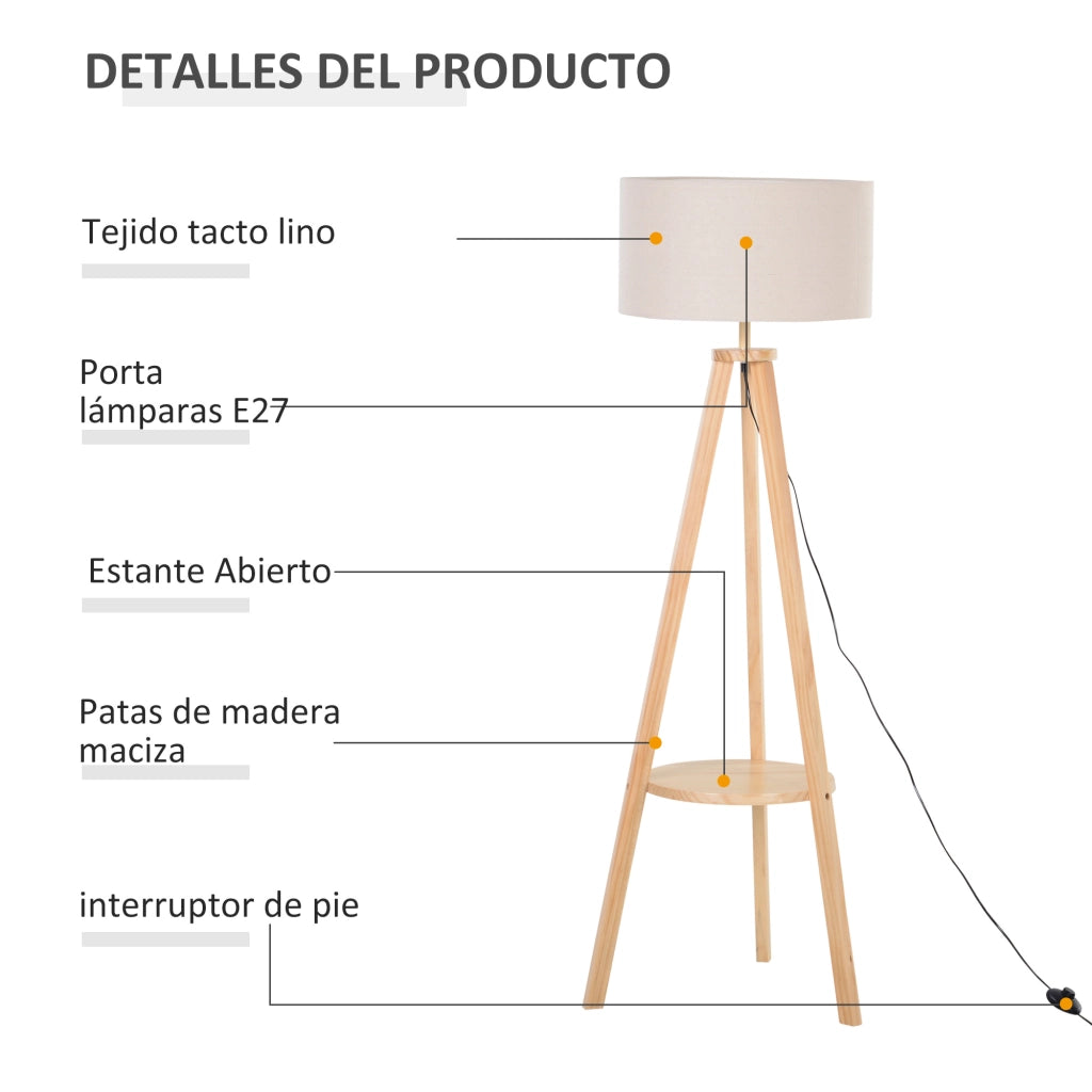 Lampada da Terra Tripode con Scaffale ¨C Minimal ¨C Legno Naturale Tela Beige 50x50x154 cm