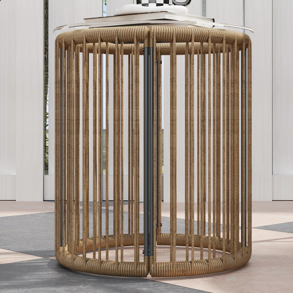 Set da Giardino 3 Pezzi con 2 Sedie con Cuscini e Tavolino a Cilindro con Piano in Vetro in Rattan PE Legno e Nero