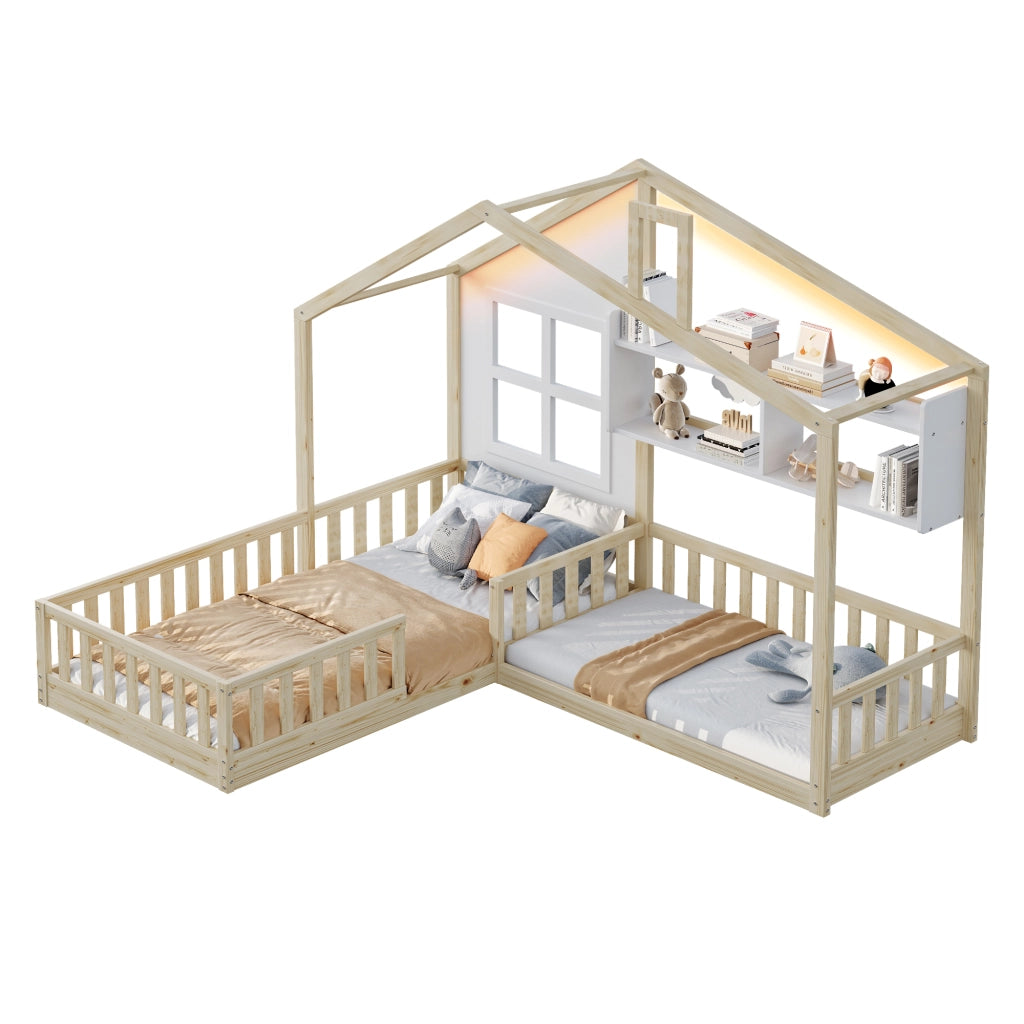 OKWISH Letto a casetta 90×200 cm, Letto Singolo con Mensole, LED e Sponda di Sicurezza, senza Materasso, in Legno Massello, Bianco