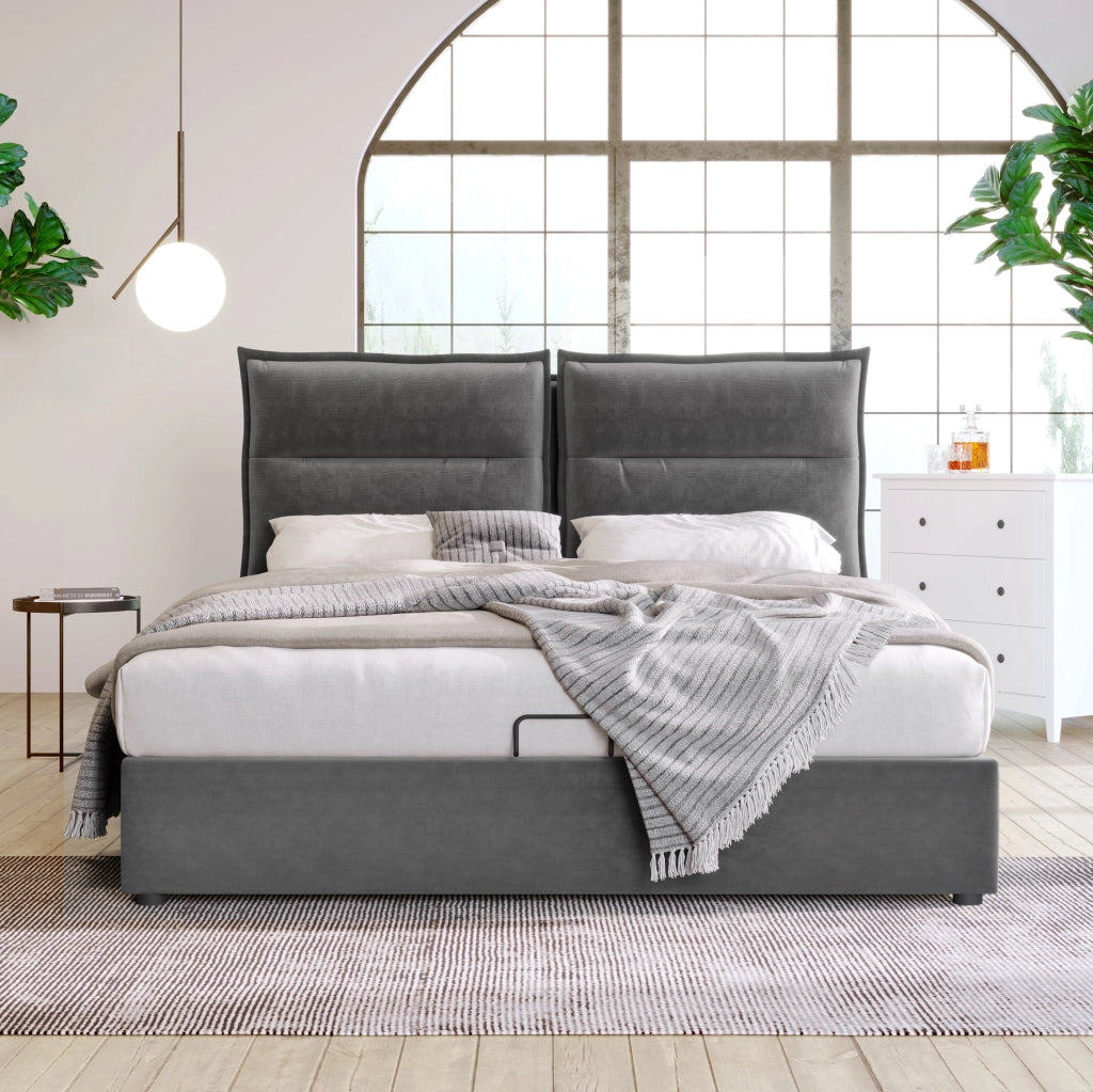 Letto matrimoniale contenitore 140x200 cm con testiera regolabile; velluto grigio