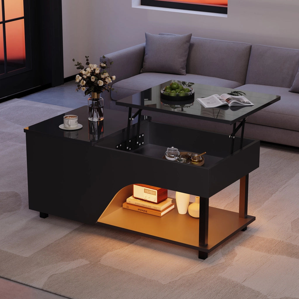 Tavolino da Caff¨¨ con LED e Vano Contenitore ¨C MINIMAL ¨C Nero Lucido 50x100x46