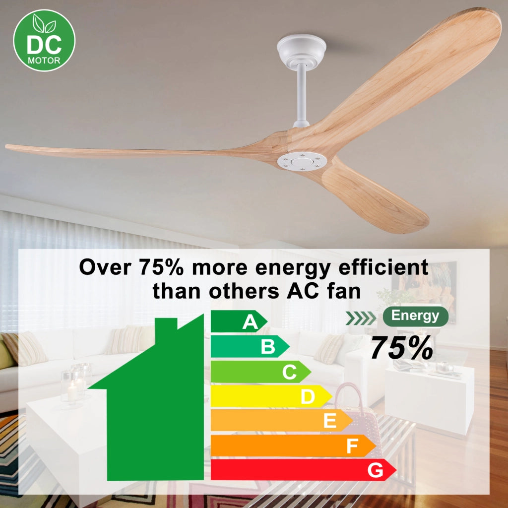 Ventilatore da soffitto 70 pollici senza luce, color legno naturale, impermeabile, extra grande, per esterni, motore DC silenzioso reversibile