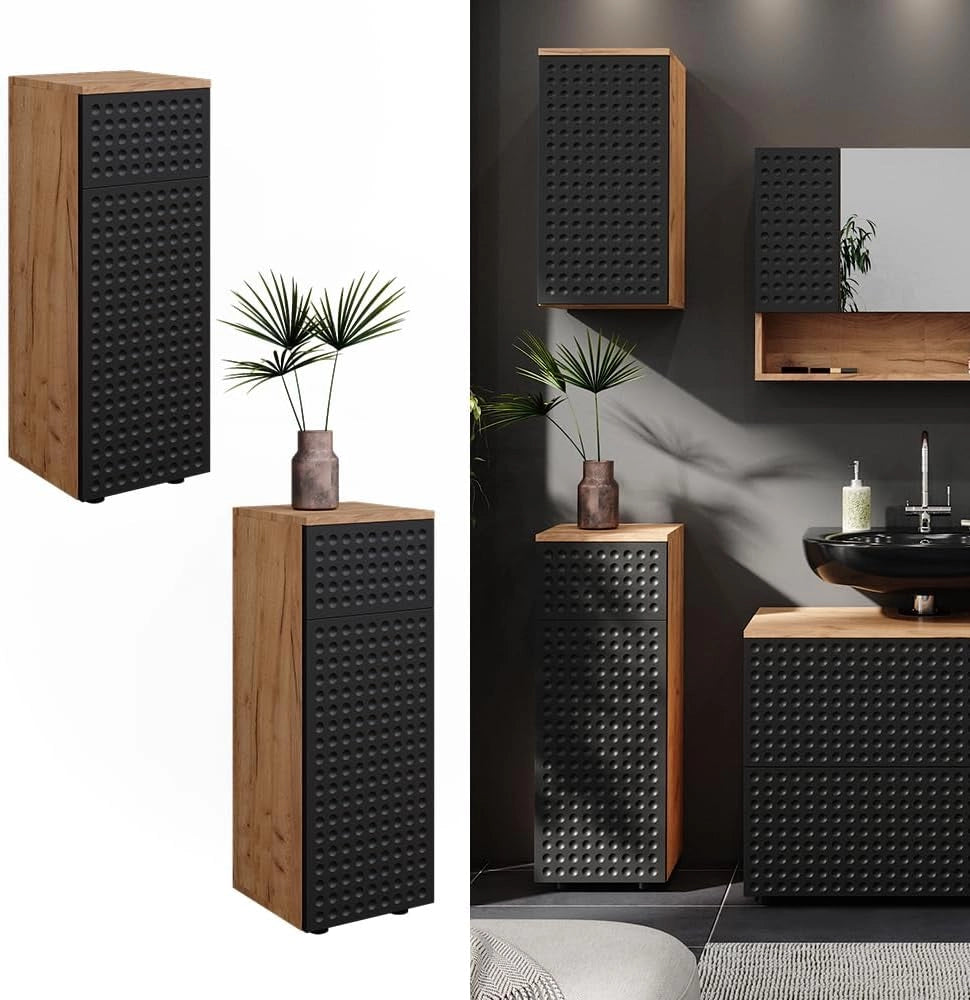 Mobile midi Irma, Antracite puntinato, 30 x 81 cm con 1 cassetto, 2 scomparti, bagno, per la conservazione in bagno, abbinabile alla serie Irma