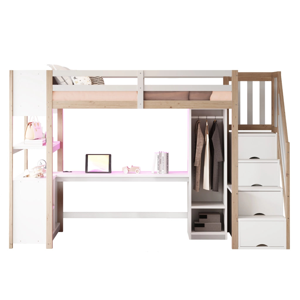 LETTO a soppalco 90x200 cm in legno bianco/naturale con scrivania e armadio