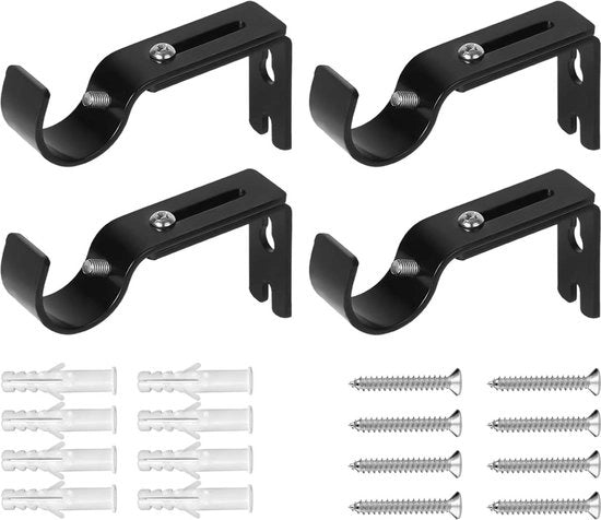 Set di sostegni per tende in metallo nero, 4 pezzi, con regolazione e set di cerniere e viti.