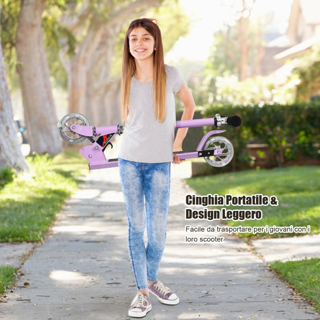 Monopattino a 2 ruote lampeggianti per bambini con musica altezza regolabile, Monopattino in alluminio Viola-Monopattini