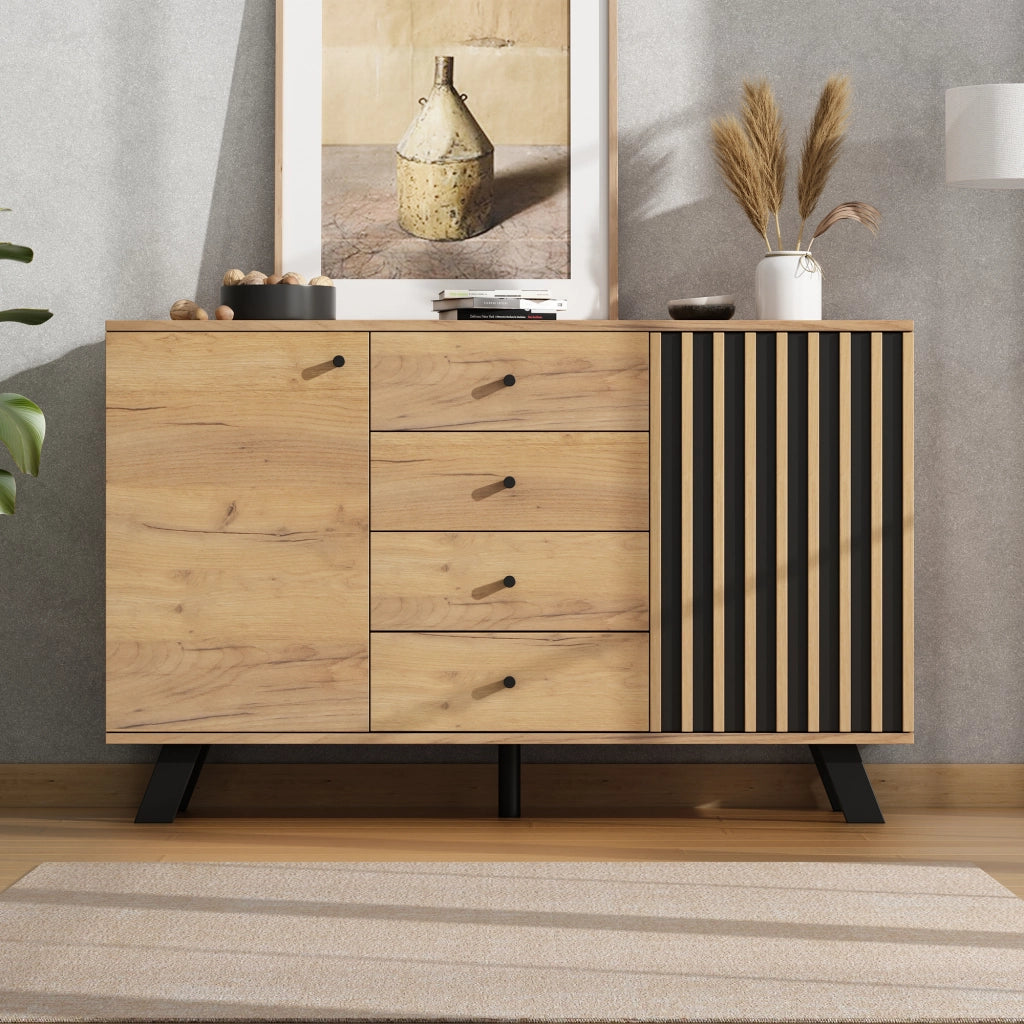 Credenza con 2 vani e 4 cassetti - per soggiorno - in MDF - 120×38×75 cm - nero e legno