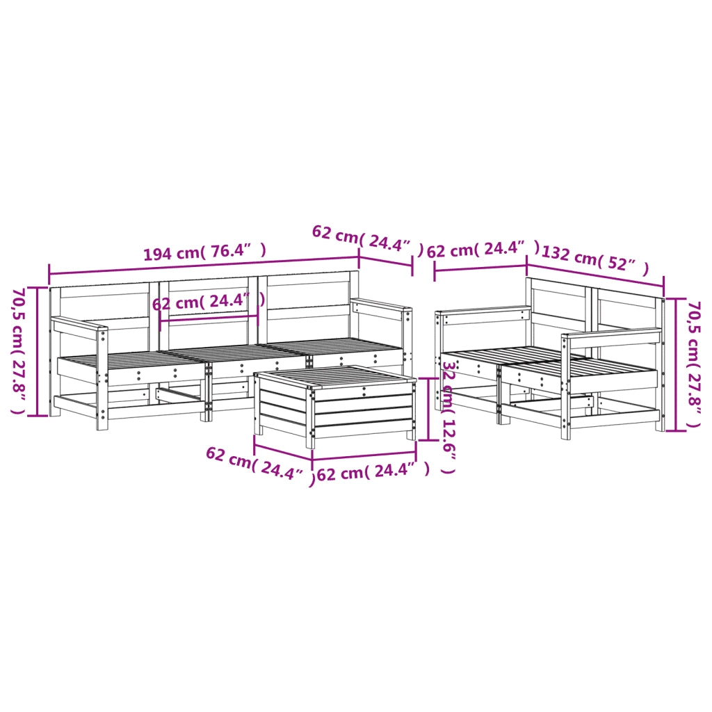 Set Divani da Giardino 6 pz Bianco in Legno Massello di Pino