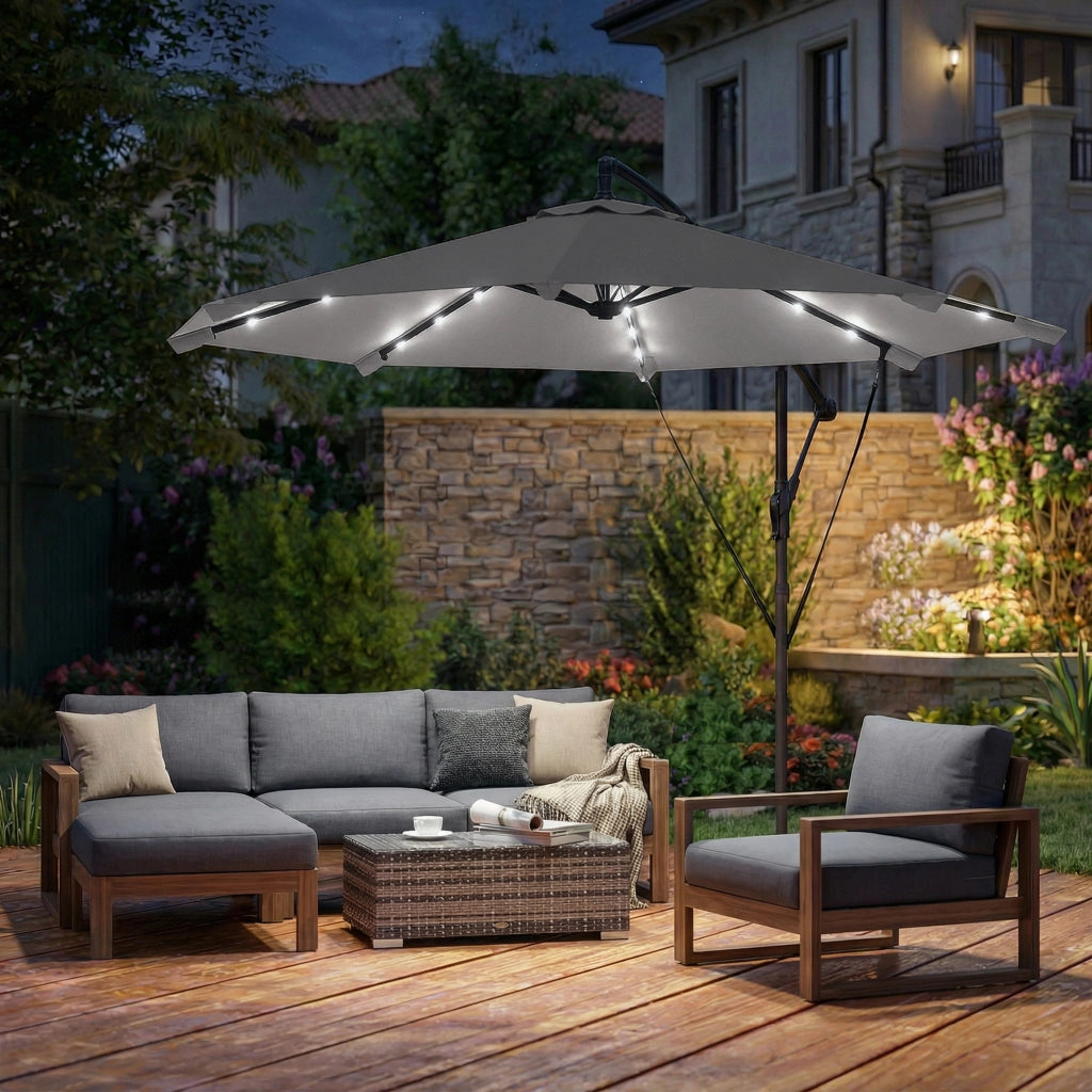 Ombrellone a Sbalzo 3 m con Luci LED Solari, da Giardino, Colore Grigio