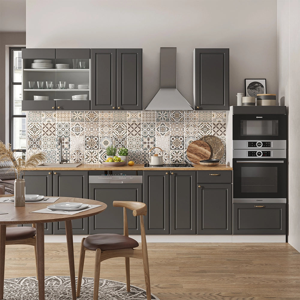 Cucina componibile Fame-Line Antracite-oro/Bianco 300 cm con armadio alto, PL Rovere Vicco