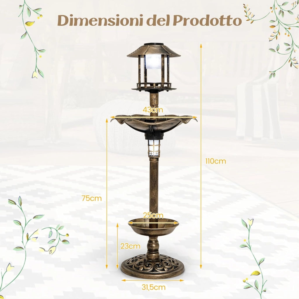 Vasca per Uccelli da Giardino a Energia Solare, Abbeveratoio e Mangiatoia per Uccelli da Esterno con 2 Lampade a Energia Solare, Fioriera e Supporto Riempibile(Bronzo Antico, 43 x 43 x 110 cm)