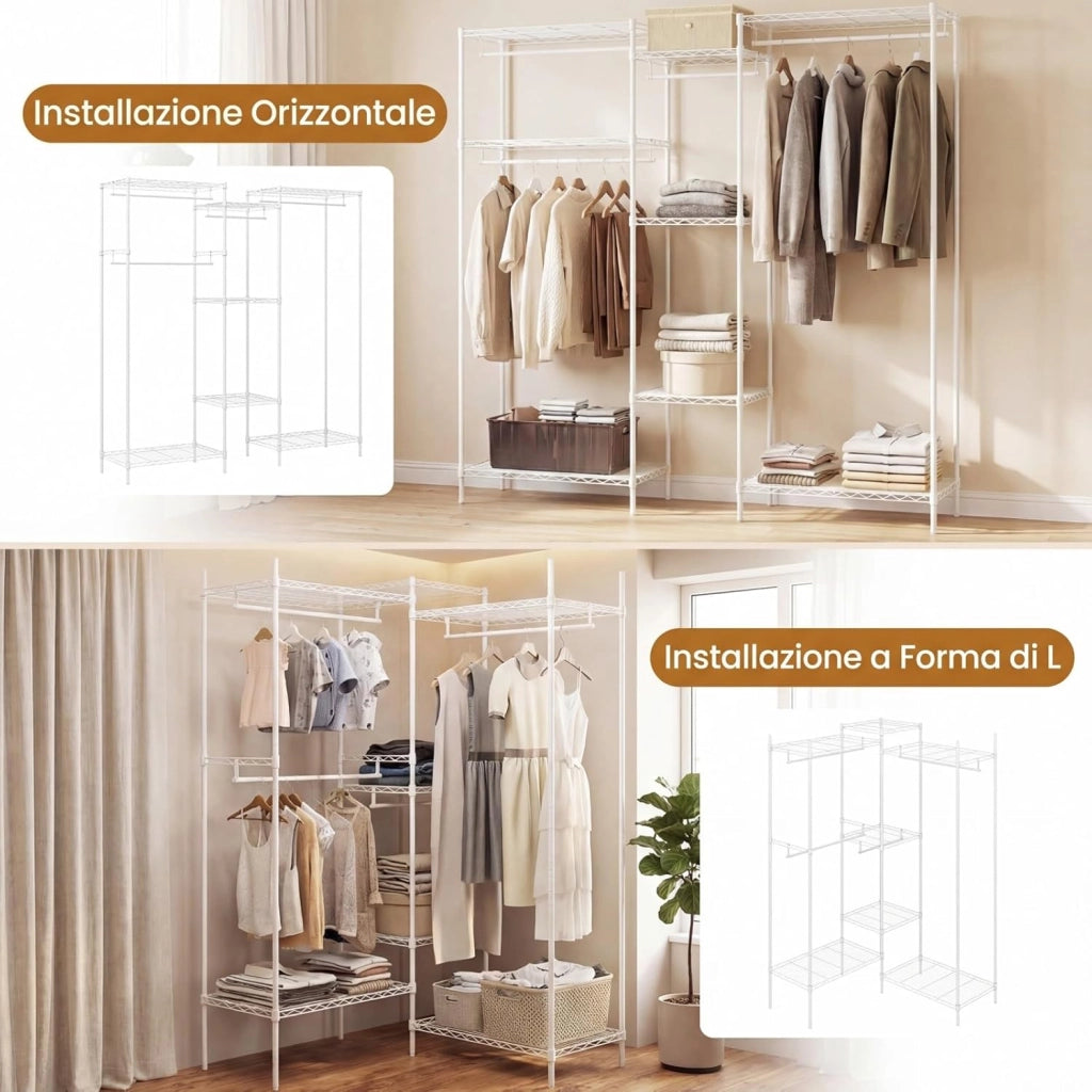 Stand Appendiabiti, Mobile Convertibile per Abiti con Installazione a L e Orizzontale, Appendiabiti con 7 Ripiani Regolabili in Filo Metallico e 4 Bastoni Appendiabiti, Portata 530 kg (Bianco)