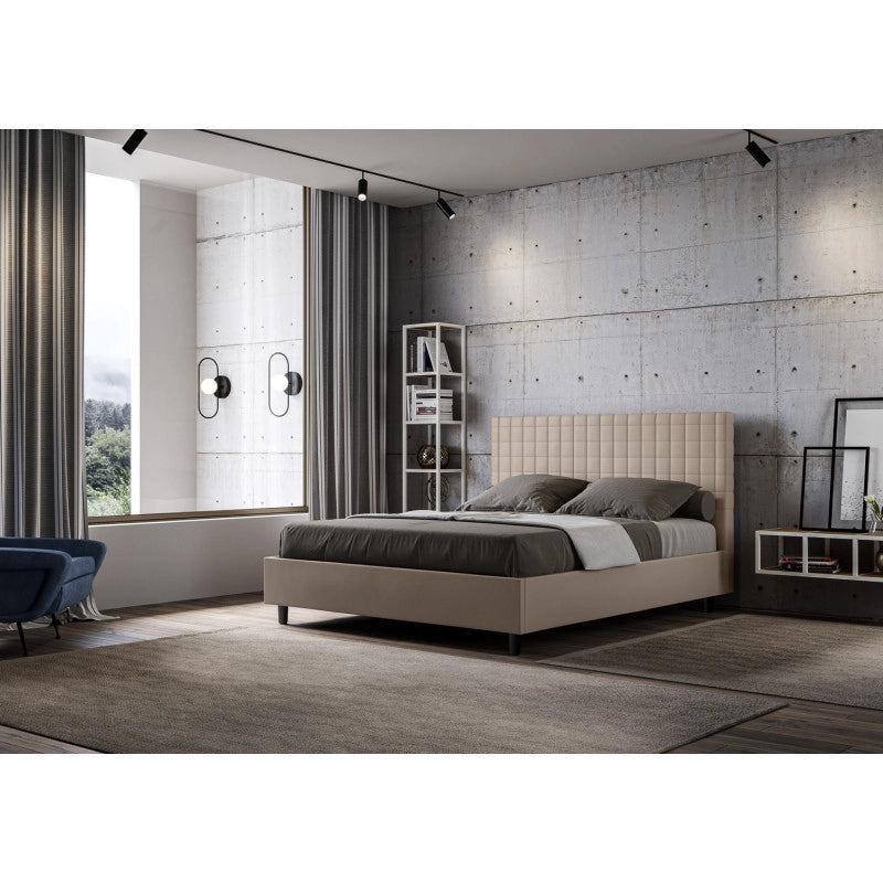 Letto imbottito Letto Matrimoniale alla Francese 150x190 cm Sunny - Similpelle,Tortora,Contenitore
