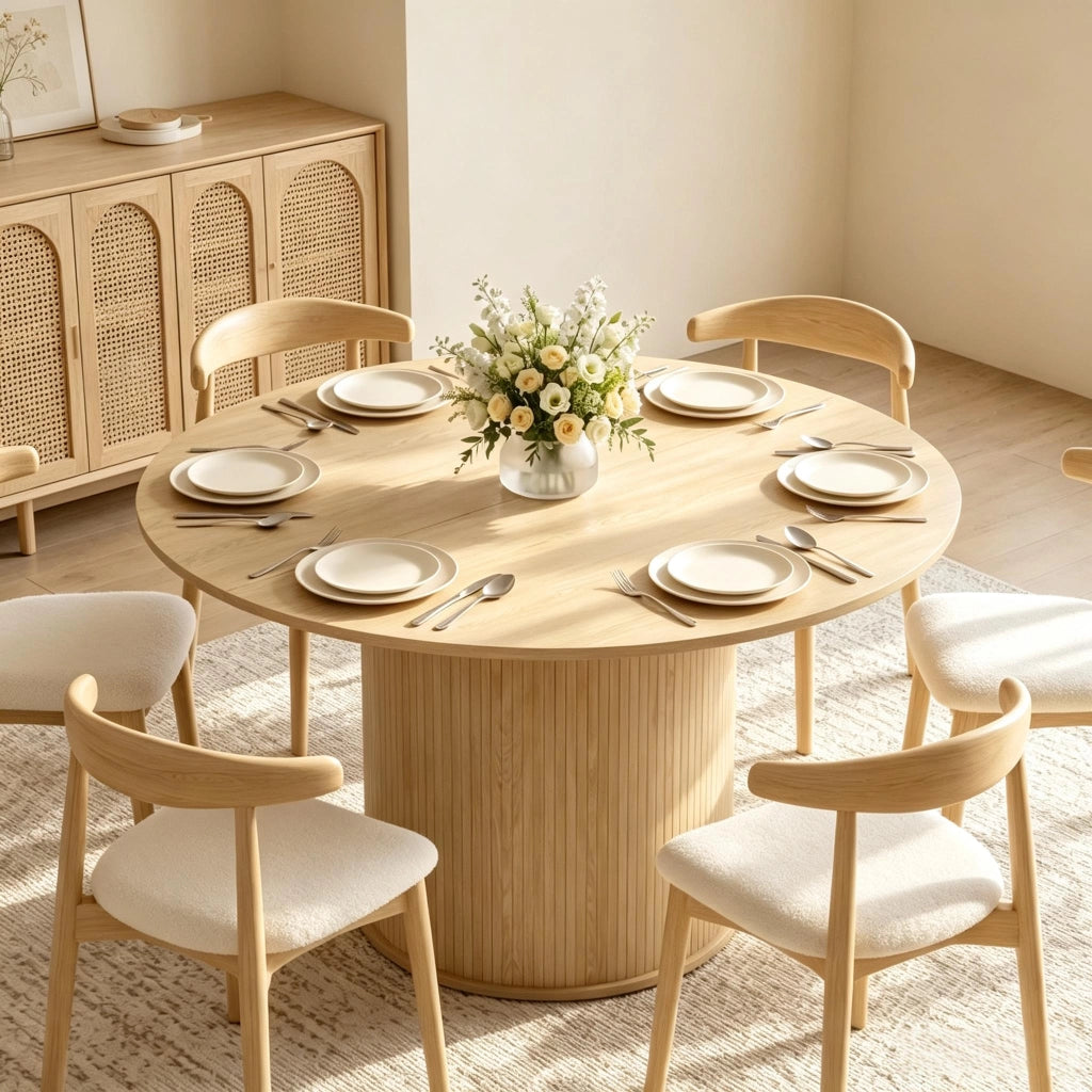 Tavolo da pranzo rotondo per 4-6 persone con base cilindrica scanalata in MDF e truciolare naturale 120 × 120 × 75 cm