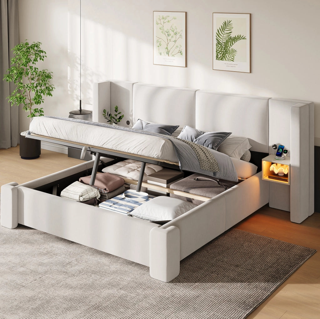 Letto matrimoniale contenitore 180x200 cm in lino beige con LED e comodini HAVRYA