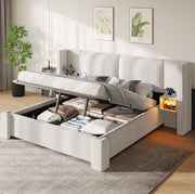 Letto matrimoniale contenitore 180x200 cm in lino beige con LED e comodini HAVRYA