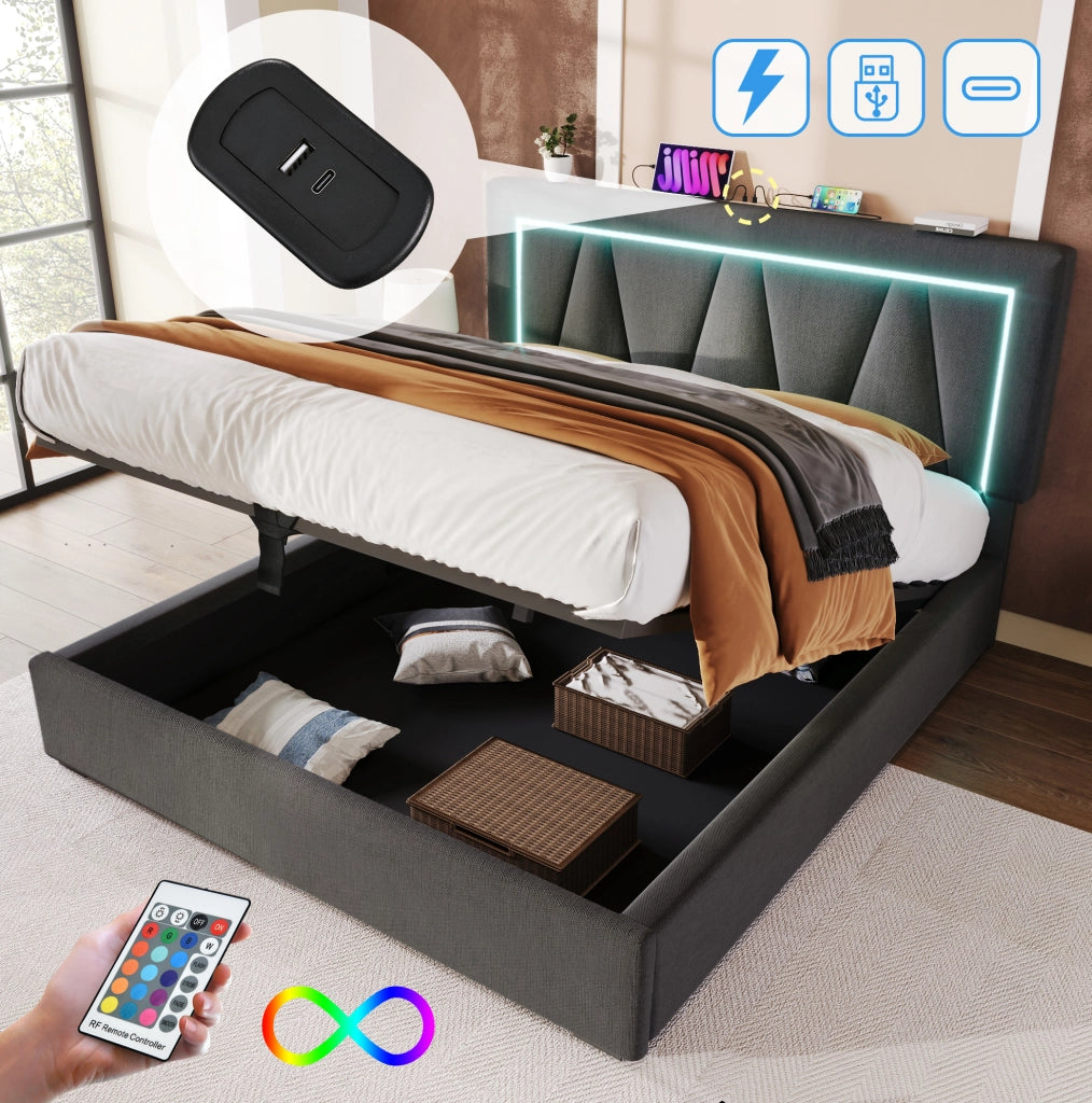Letto imbottito 160x200 cm con LED; USB e Type-C; contenitore; materasso incluso; grigio