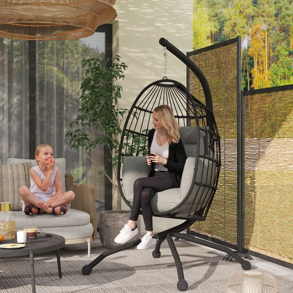 Poltrona Sospesa Amaca a Uovo 120x88x192 cm con Gancio Regolabile in Acciaio Nero e Grigio