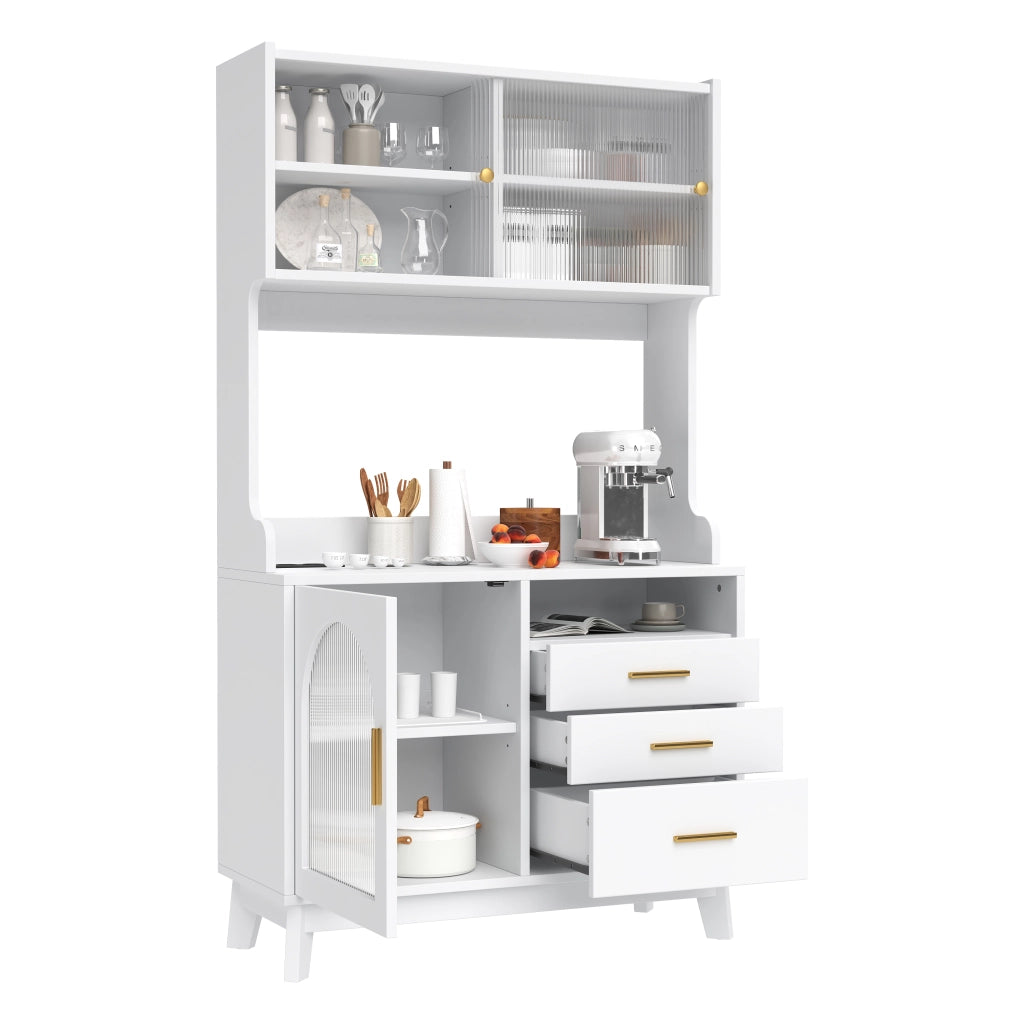Credenza alta da sala da pranzo 100,5×40×178 cm con ampio spazio contenitivo, prese integrate e porte USB, bianco
