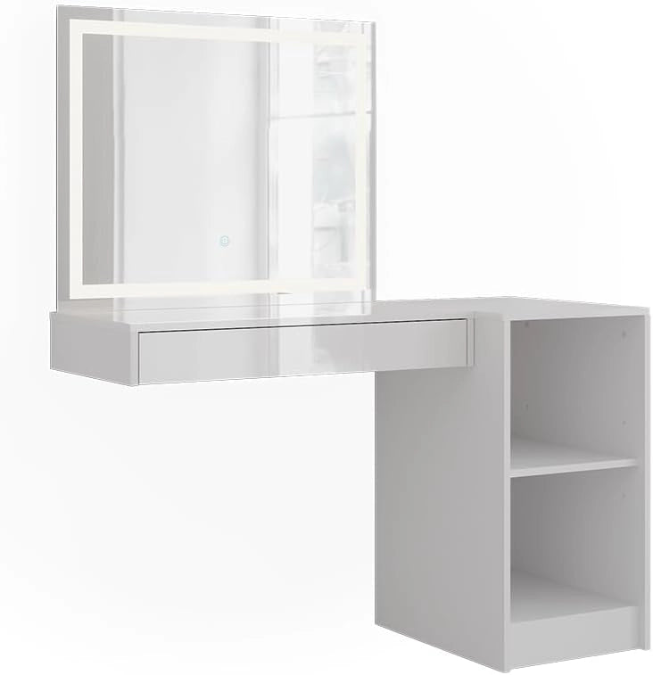 Tavolo da toeletta Sherry, Bianco/bianco lucido, 120 cm 3 parti, con illuminazione LED e grande specchio per la cura quotidiana